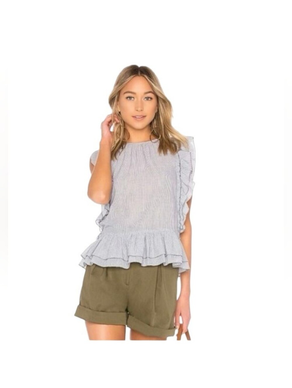 Ulla Johnson Top Sleeveless Emma Ruffle Striped Peplum Blouse Gray Grey White 6